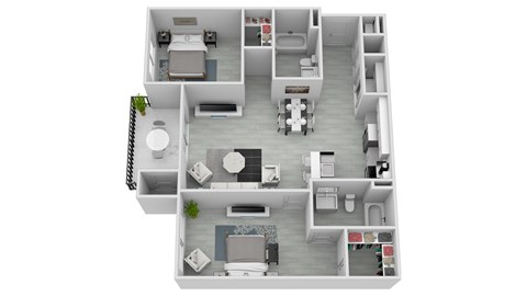 A 3D floor plan of a small apartment with a kitchen, two bedrooms, living room, and bathroom at The Austin in Opelika, AL.